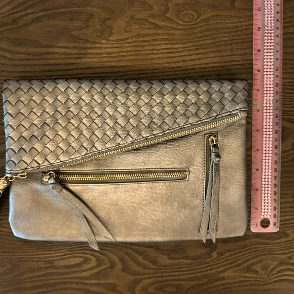 Woven Foldover Clutch with Tassel Zippers – Neutral Gray Evening Bag - Picture 6 of 6